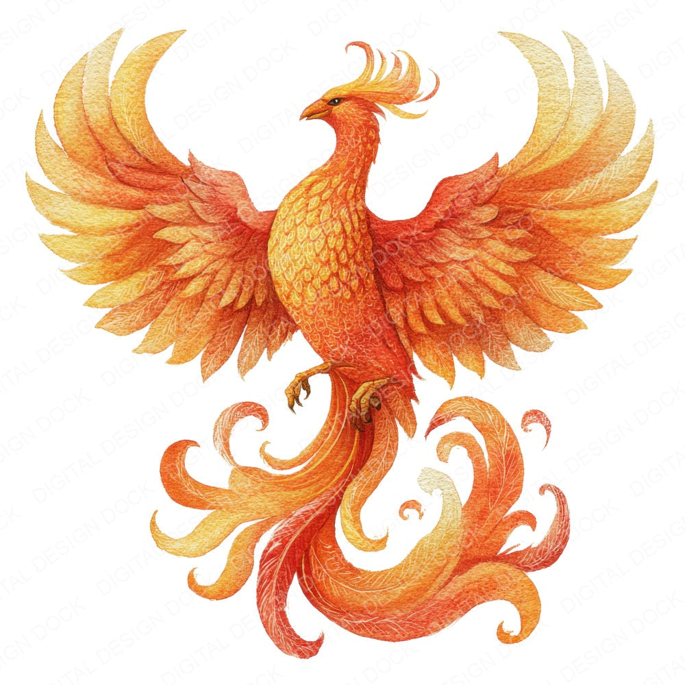 Watercolour Phoenix B fussy cut sheet in US Letter format showing all 12 designs on one printable page
