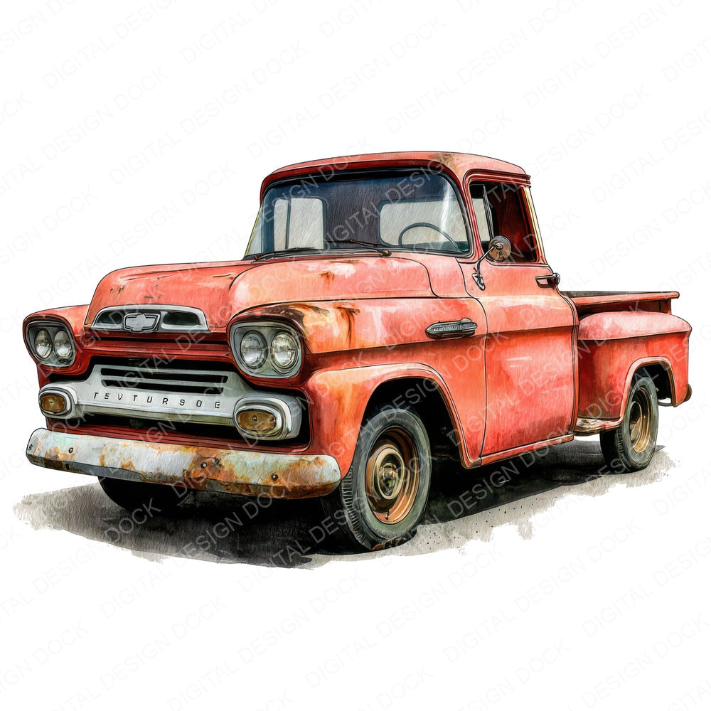 Watercolour Pickup Truck fussy cut sheet in A4 format showing all 12 designs on one printable page