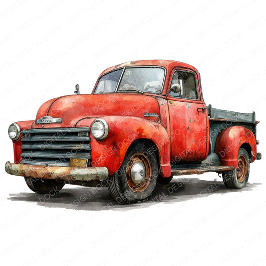 Watercolour Pickup Truck fussy cut sheet in US Letter format showing all 12 designs on one printable page