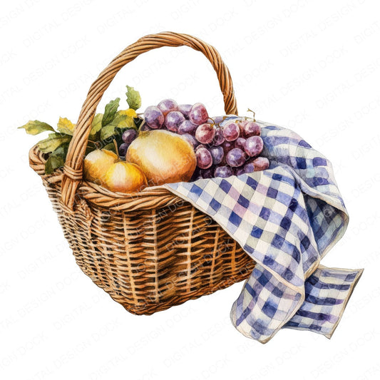 Watercolour Picnic Basket fussy cut sheet in US Letter format showing all 12 designs on one printable page