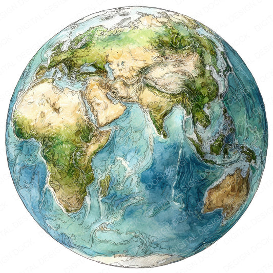 Watercolour Planet Earth fussy cut sheet in A4 format showing all 12 designs on one printable page