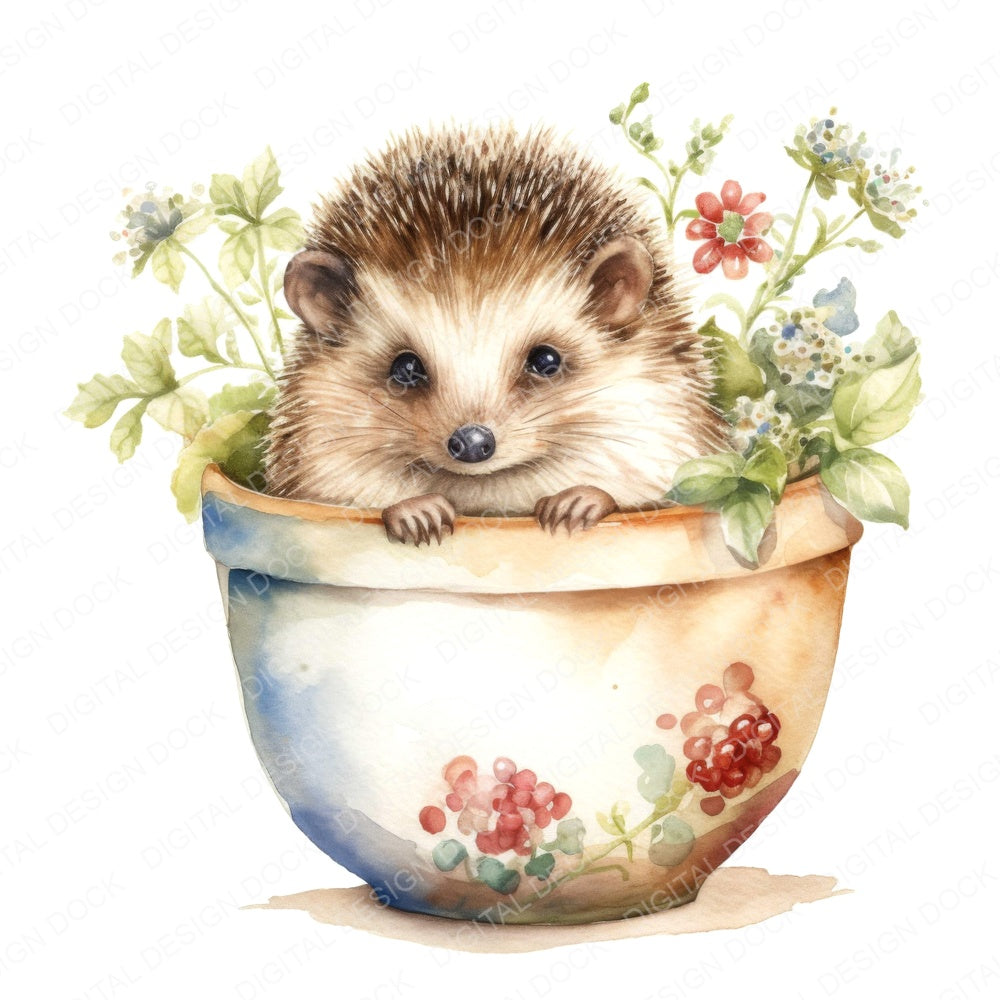 Watercolour Plantpot Baby Hedgehog fussy cut sheet in A4 format showing all 12 designs on one printable page