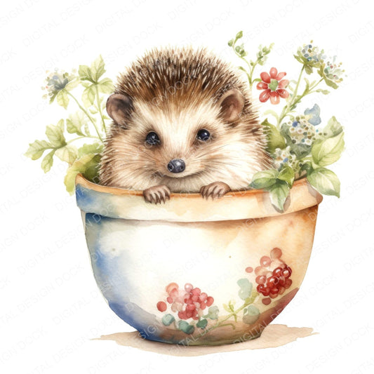 Watercolour Plantpot Baby Hedgehog fussy cut sheet in A4 format showing all 12 designs on one printable page