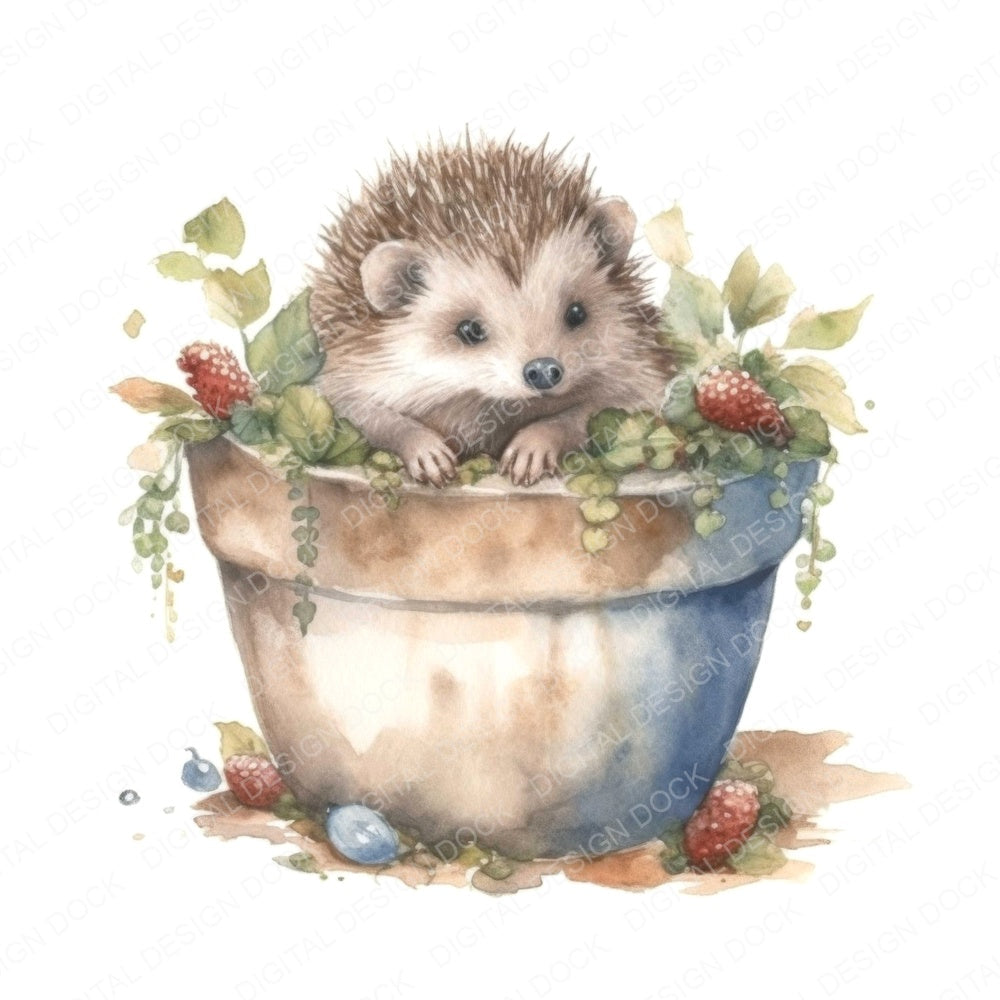 Watercolour Plantpot Baby Hedgehog fussy cut sheet in US Letter format showing all 12 designs on one printable page