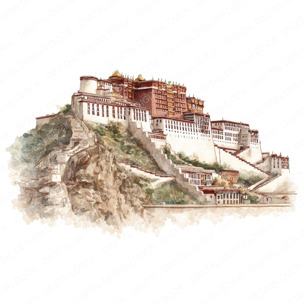 Watercolour Potala Palace fussy cut sheet in A4 format showing all 12 designs on one printable page