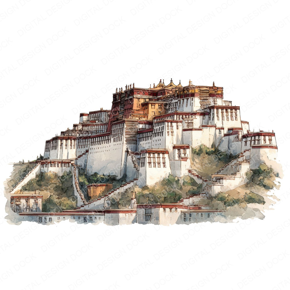 Watercolour Potala Palace fussy cut sheet in US Letter format showing all 12 designs on one printable page