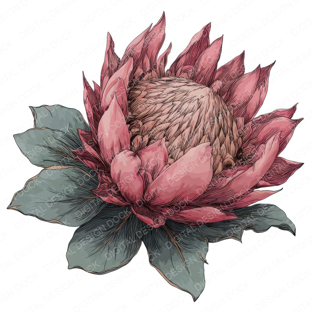 Watercolour Protea Flower fussy cut sheet in A4 format showing all 12 designs on one printable page