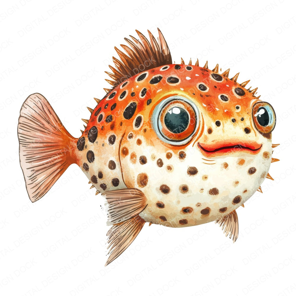 Watercolour Puffer Fish fussy cut sheet in A4 format showing all 12 designs on one printable page
