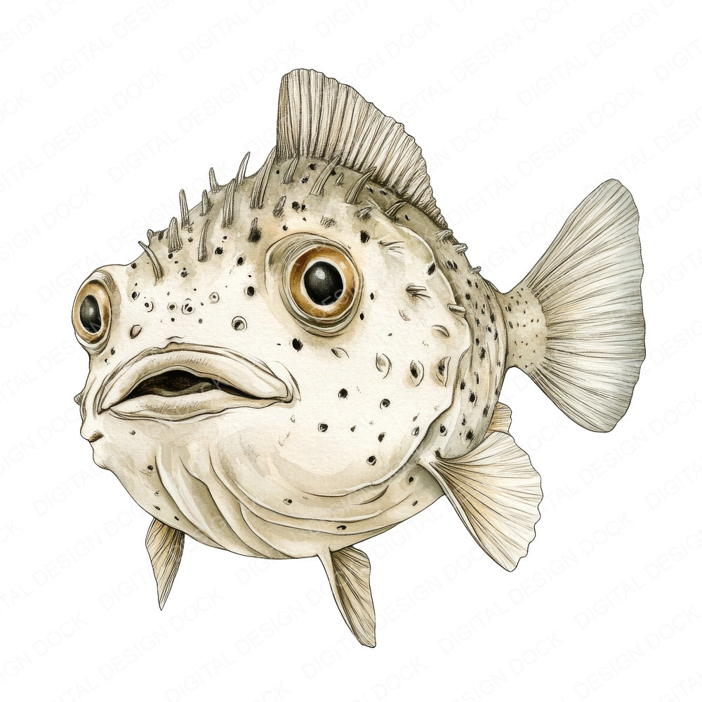 Watercolour Puffer Fish fussy cut sheet in US Letter format showing all 12 designs on one printable page