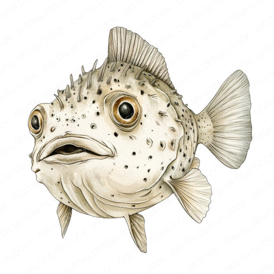 Watercolour Puffer Fish fussy cut sheet in US Letter format showing all 12 designs on one printable page