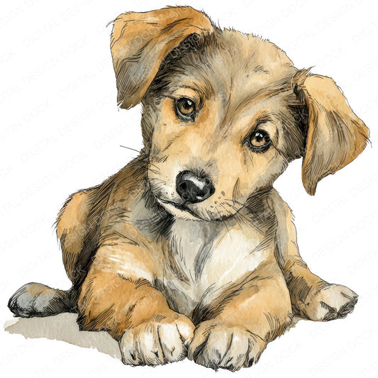 Watercolour Puppy Big Ears fussy cut sheet in A4 format showing all 12 designs on one printable page