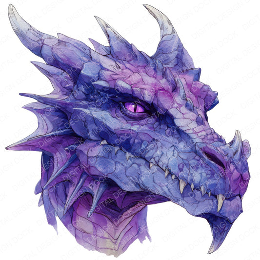 Watercolour Purple Dragon Head fussy cut sheet in A4 format showing all 12 designs on one printable page