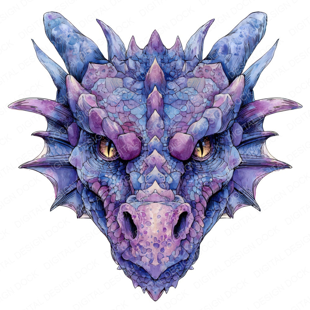 Watercolour Purple Dragon Head fussy cut sheet in US Letter format showing all 12 designs on one printable page
