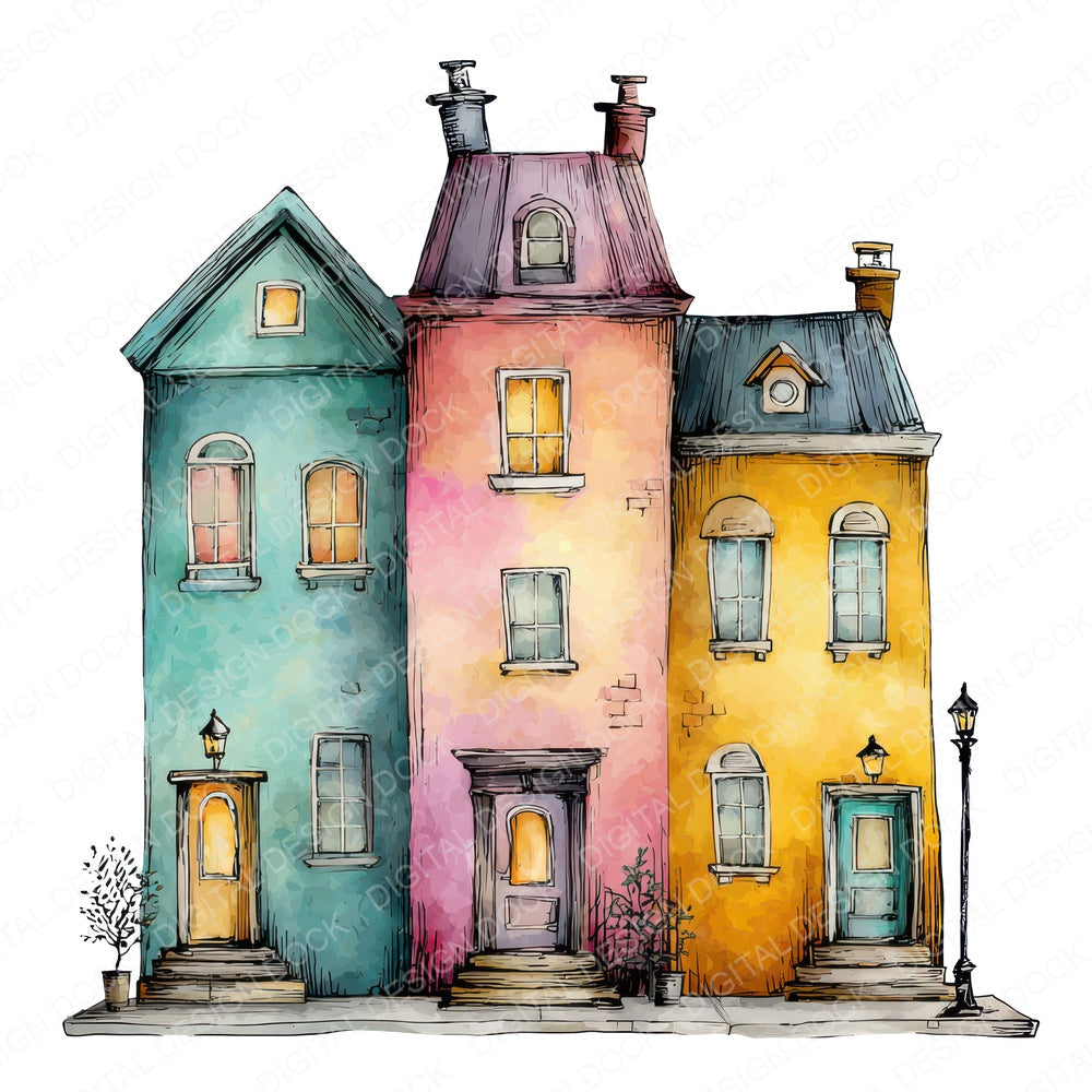 Watercolour Quirky Houses Row fussy cut sheet in A4 format showing all 12 designs on one printable page