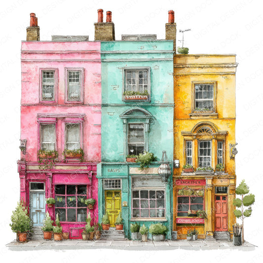 Watercolour Quirky Shopfronts fussy cut sheet in A4 format showing all 12 designs on one printable page
