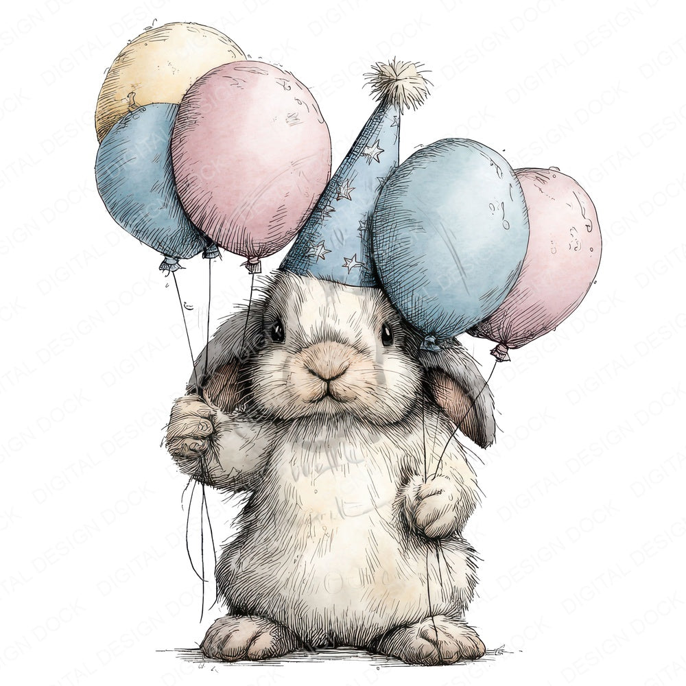 Watercolour Rabbit Balloons fussy cut sheet in A4 format showing all 12 designs on one printable page