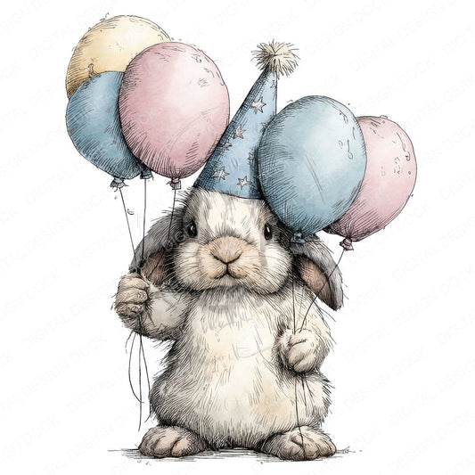 Watercolour Rabbit Balloons fussy cut sheet in A4 format showing all 12 designs on one printable page