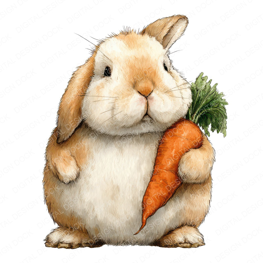 Watercolour Rabbit Carrot fussy cut sheet in A4 format showing all 12 designs on one printable page