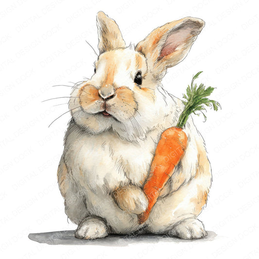 Watercolour Rabbit Carrot fussy cut sheet in US Letter format showing all 12 designs on one printable page
