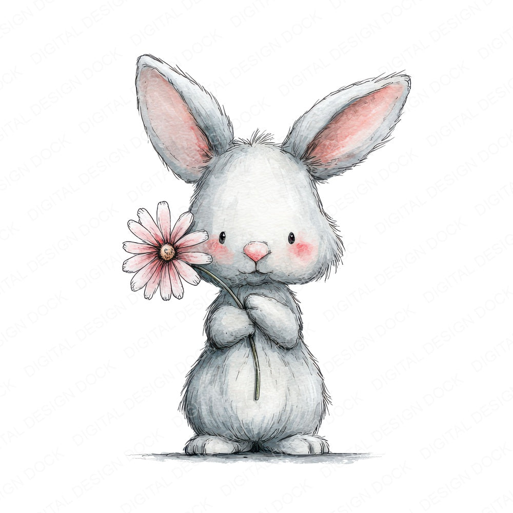 Watercolour Rabbit Daisy fussy cut sheet in A4 format showing all 12 designs on one printable page