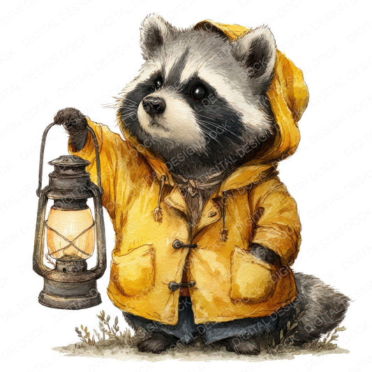 Watercolour Raccoon Lantern fussy cut sheet in US Letter format showing all 12 designs on one printable page