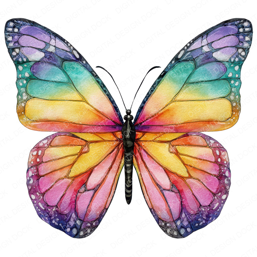 Watercolour Rainbow Butterfly fussy cut sheet in A4 format showing all 12 designs on one printable page