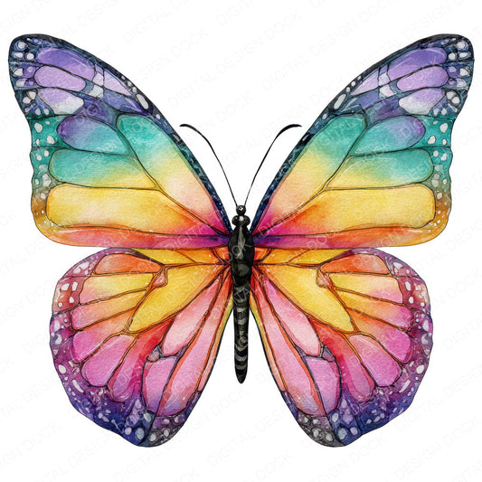 Watercolour Rainbow Butterfly fussy cut sheet in A4 format showing all 12 designs on one printable page
