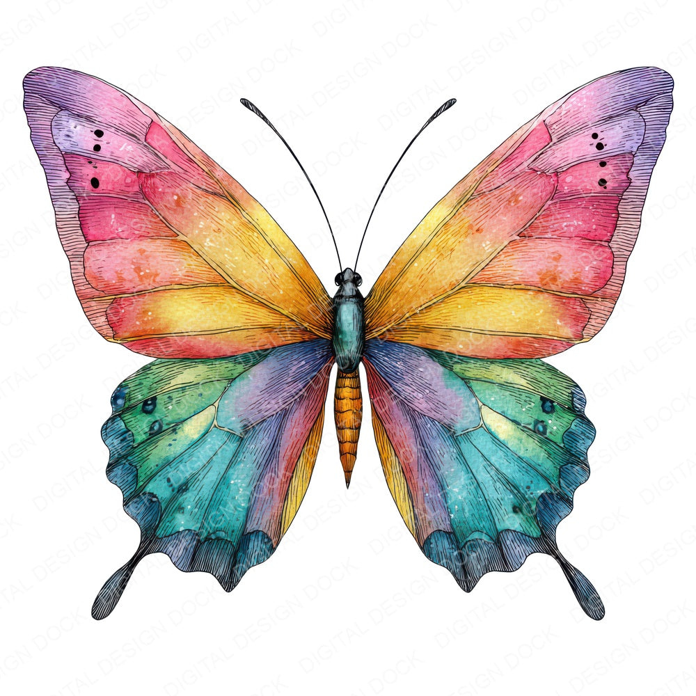 Watercolour Rainbow Butterfly fussy cut sheet in US Letter format showing all 12 designs on one printable page