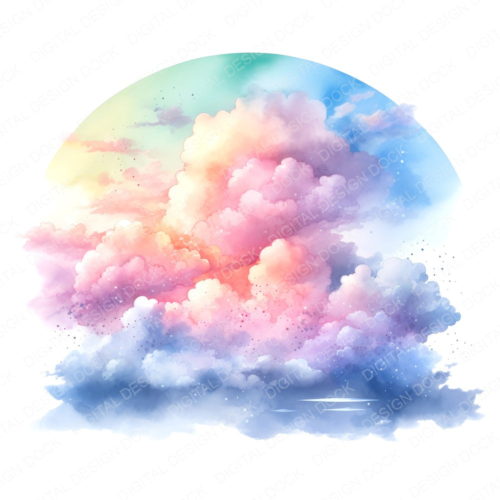 Watercolour Rainbow Clouds fussy cut sheet in A4 format showing all 12 designs on one printable page