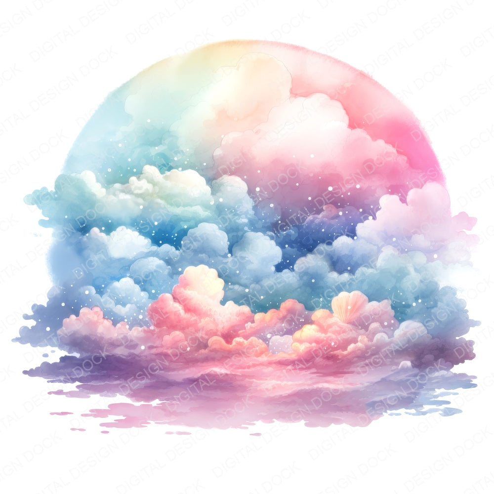 Watercolour Rainbow Clouds fussy cut sheet in US Letter format showing all 12 designs on one printable page
