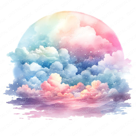 Watercolour Rainbow Clouds fussy cut sheet in US Letter format showing all 12 designs on one printable page