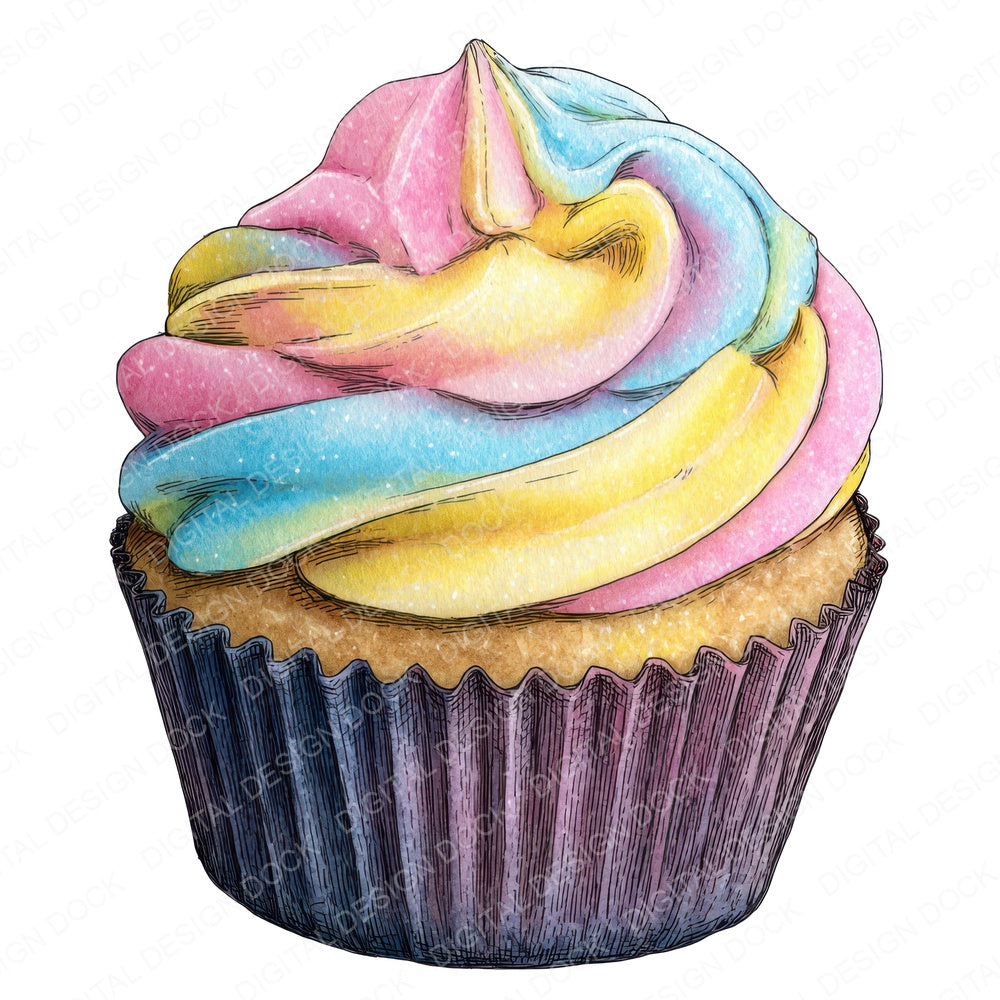 Watercolour Rainbow Cupcake fussy cut sheet in A4 format showing all 12 designs on one printable page