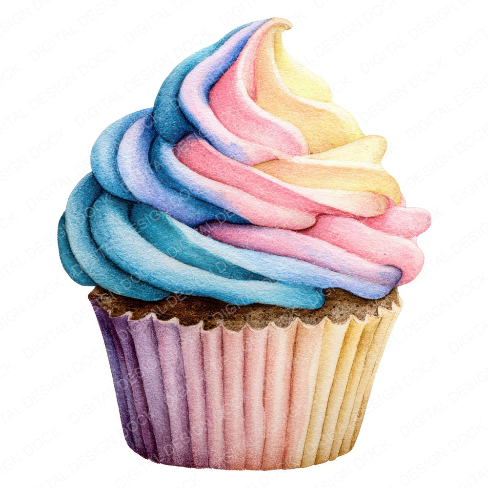 Watercolour Rainbow Cupcake fussy cut sheet in US Letter format showing all 12 designs on one printable page