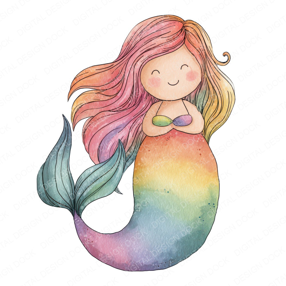 Watercolour Rainbow Mermaid fussy cut sheet in A4 format showing all 12 designs on one printable page