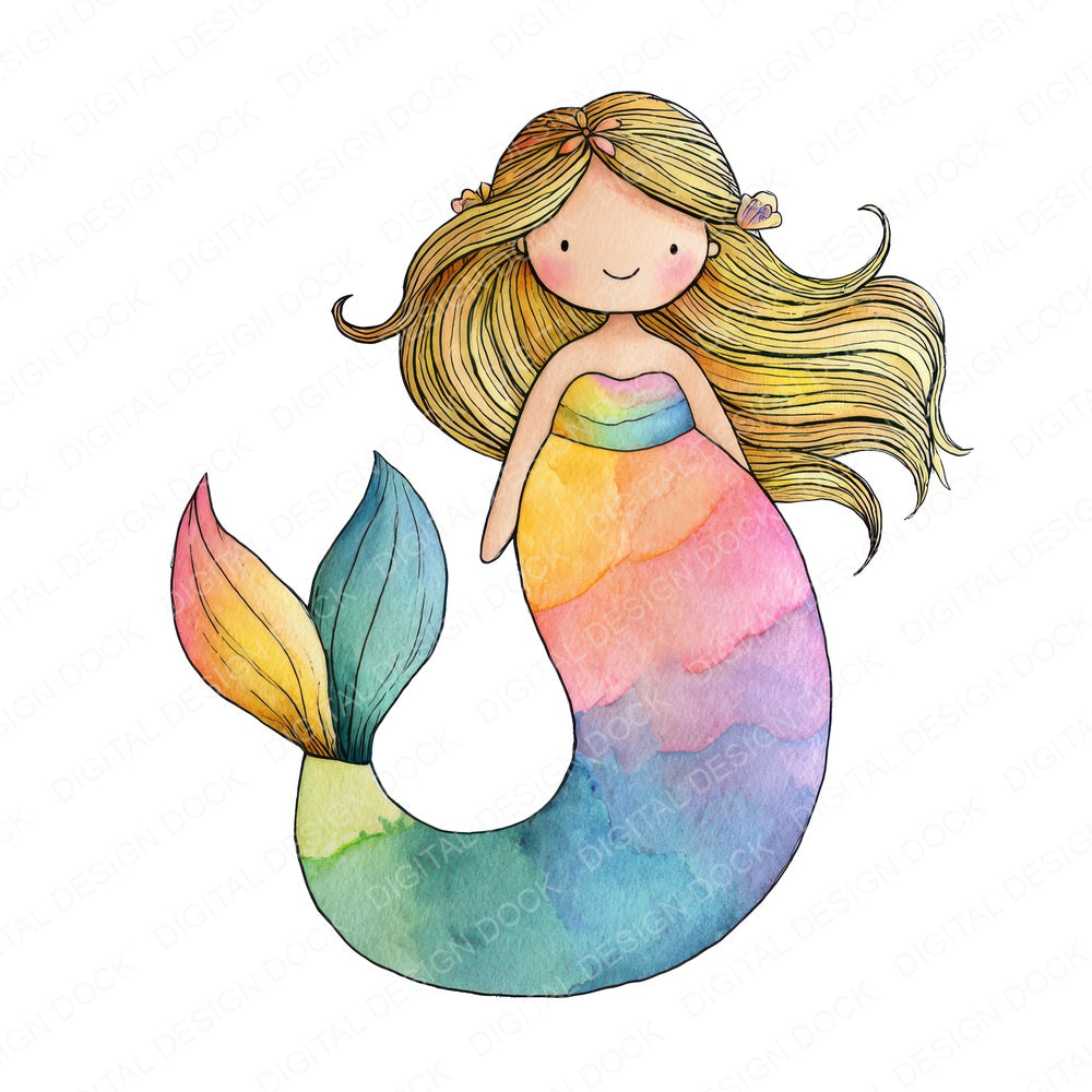Watercolour Rainbow Mermaid fussy cut sheet in US Letter format showing all 12 designs on one printable page