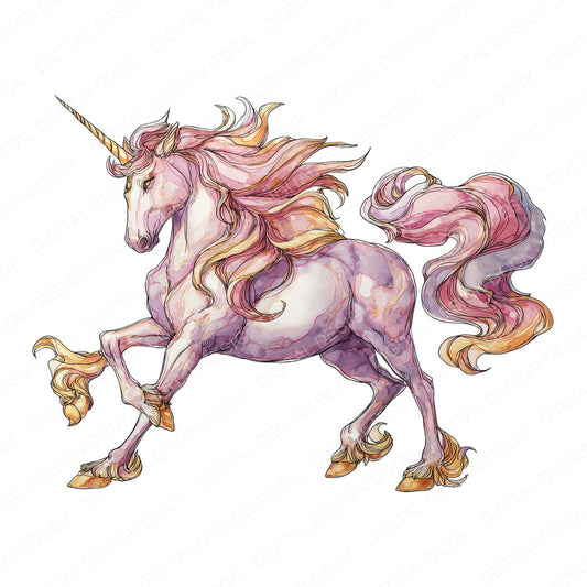 Watercolour Rainbow Unicorn A fussy cut sheet in A4 format showing all 12 designs on one printable page