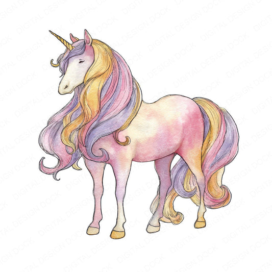 Watercolour Rainbow Unicorn B fussy cut sheet in A4 format showing all 12 designs on one printable page