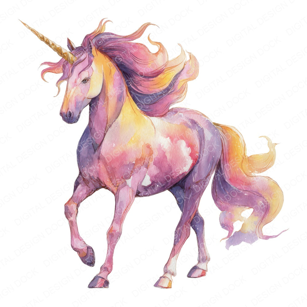 Watercolour Rainbow Unicorn B fussy cut sheet in US Letter format showing all 12 designs on one printable page