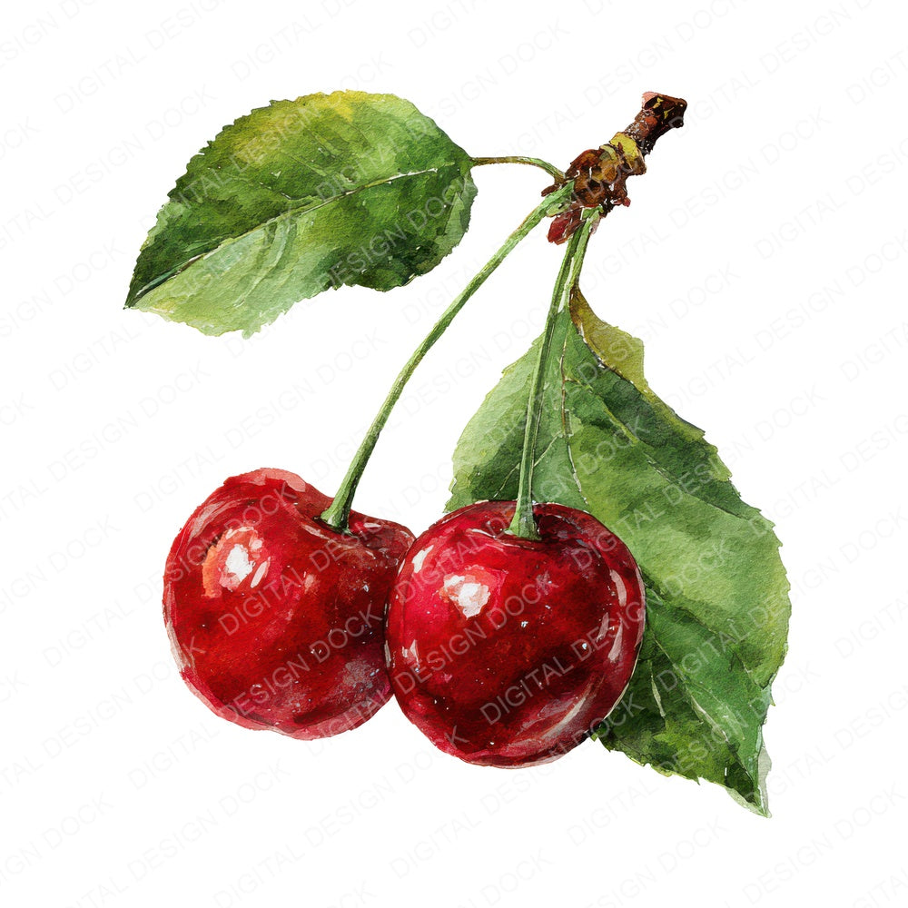 Watercolour Red Cherries fussy cut sheet in A4 format showing all 12 designs on one printable page