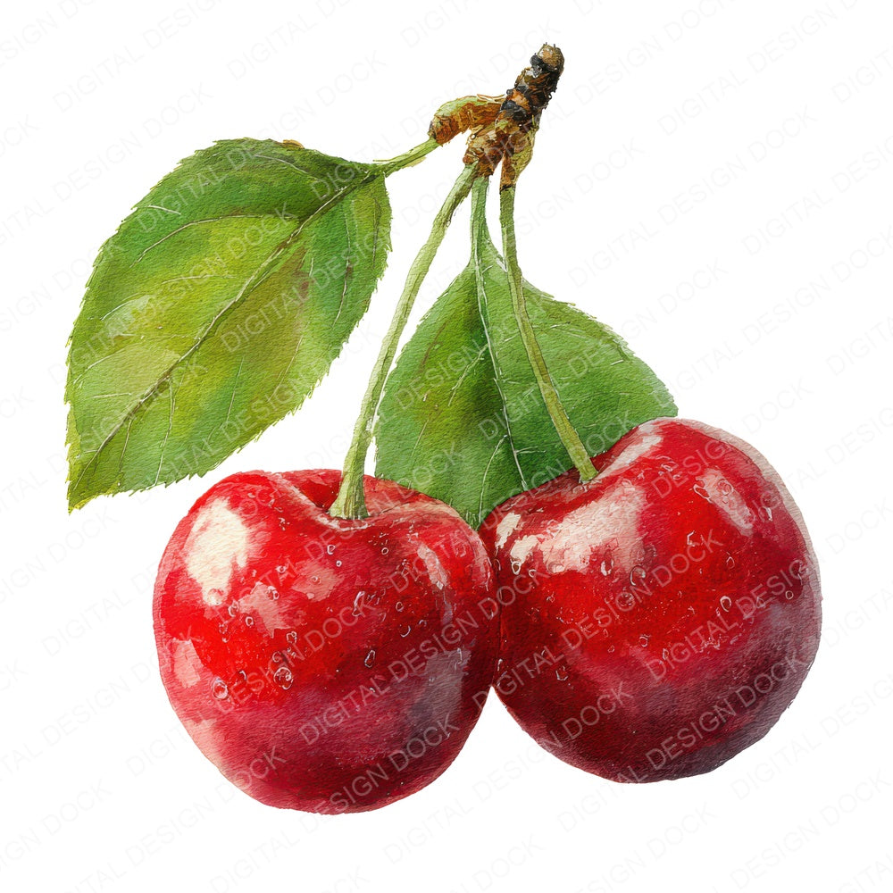 Watercolour Red Cherries fussy cut sheet in US Letter format showing all 12 designs on one printable page