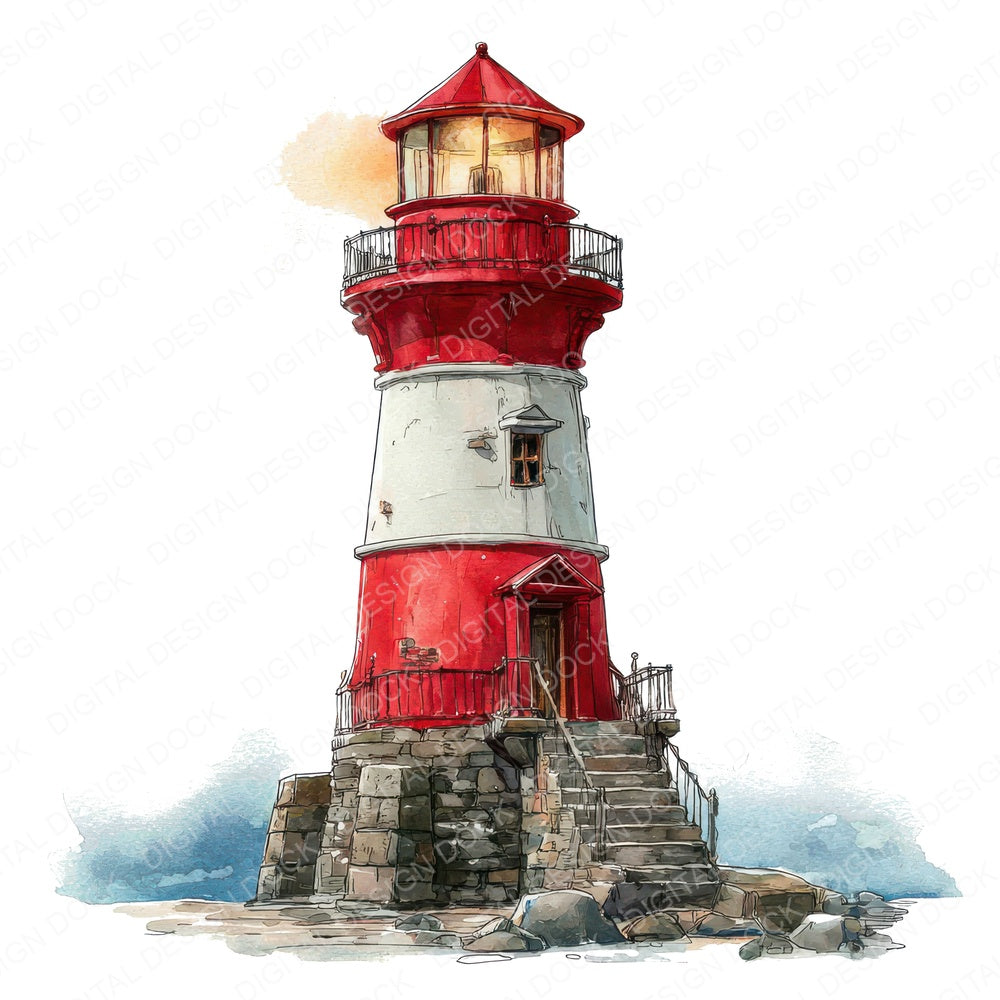 Watercolour Red Lighthouse fussy cut sheet in A4 format showing all 12 designs on one printable page