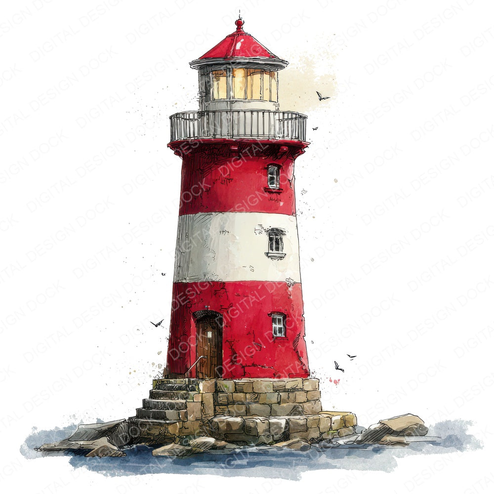Watercolour Red Lighthouse fussy cut sheet in US Letter format showing all 12 designs on one printable page