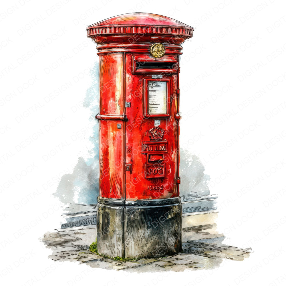 Watercolour Red Postbox fussy cut sheet in US Letter format showing all 12 designs on one printable page