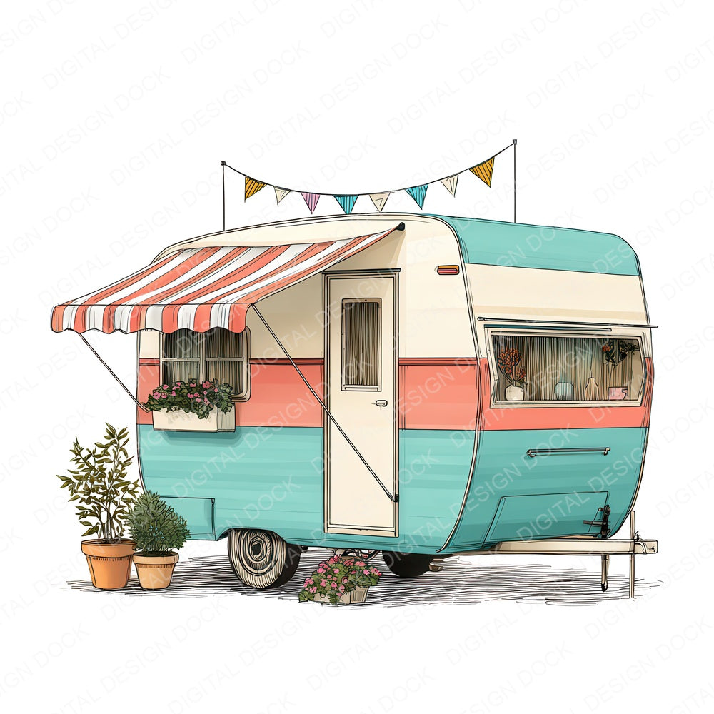 Watercolour Retro Camper Trailer fussy cut sheet in A4 format showing all 12 designs on one printable page