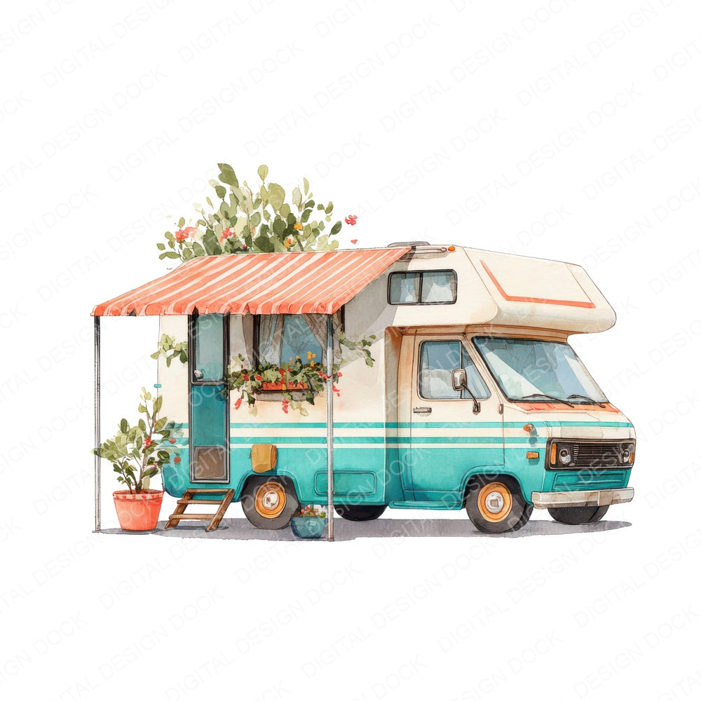 Watercolour Retro Camper Trailer fussy cut sheet in US Letter format showing all 12 designs on one printable page