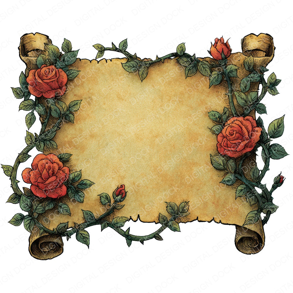 Watercolour Rose Medieval Scroll fussy cut sheet in A4 format showing all 12 designs on one printable page