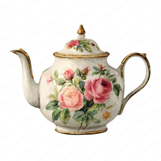 Watercolour Rose Teapot fussy cut sheet in A4 format showing all 12 designs on one printable page
