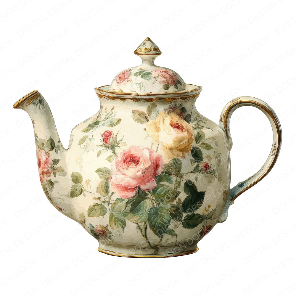Watercolour Rose Teapot fussy cut sheet in US Letter format showing all 12 designs on one printable page