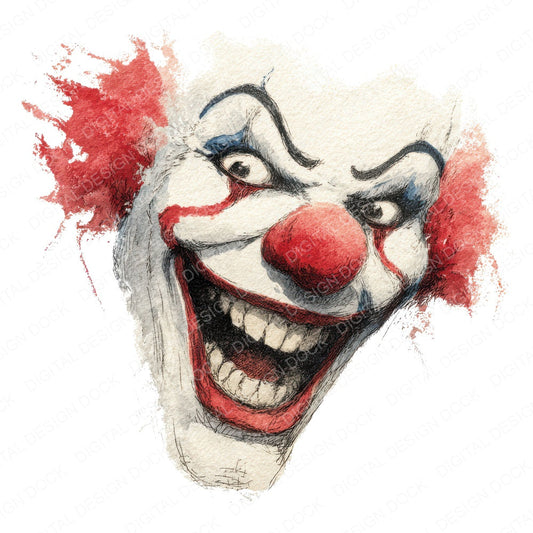 Watercolour Scary Clown fussy cut sheet in A4 format showing all 12 designs on one printable page