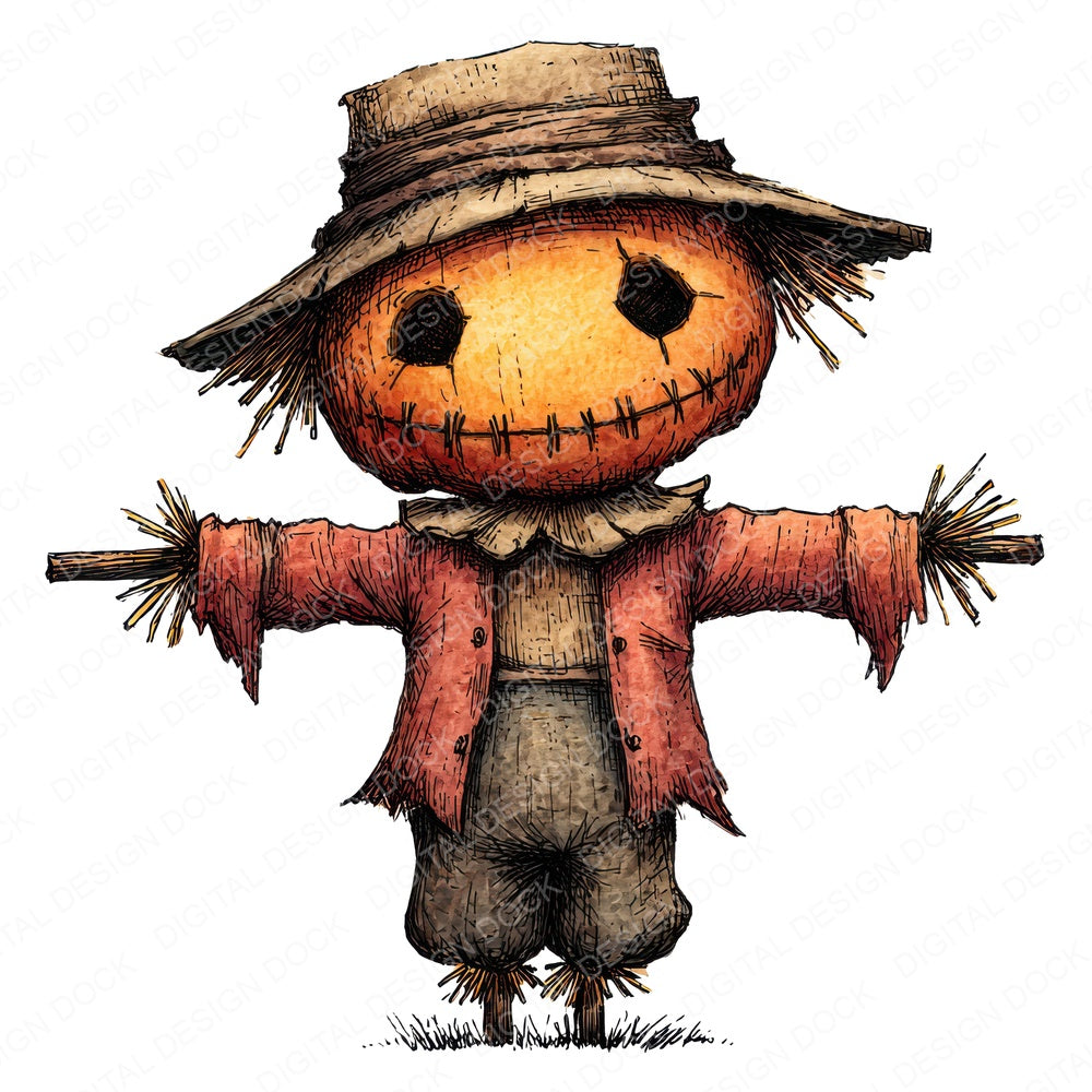 Watercolour Scary Scarecrow fussy cut sheet in US Letter format showing all 12 designs on one printable page